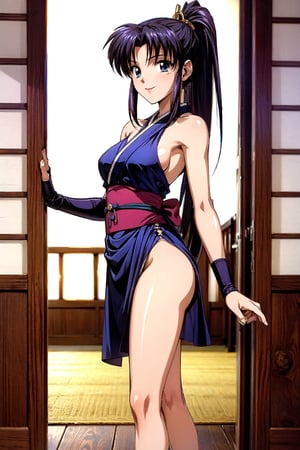 Kamiya Kaoru 1996,kaoru_96s, masterpiece, best quality, (solo:1.3),1girl, kunoichi,tomboy, long neck, oval face:1.8, black-long-hair, hair tied in ponytail; clip-sword-hair, beautiful-legs:1.8, beautiful-blue-eyes:1.8, looking_at_viewer, medium_breast:1.4, seductive smile, slender body, legs focus, samurai fighting-pose:1.8,