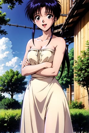 random acction, beautiful girl wearing majestic tulle ruffle dress,18 year old woman, long curly hair, slim body, happy look, thin shoulders, long torso, long legs, wide open mouth, shyly smile, Moist eyes, gentle eyes, anime_screencap 