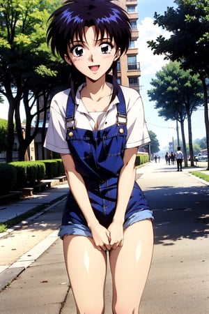 random acction, beautiful girl wearing ruffle blouse, torn overalls,18 year old woman, long curly hair, slim body, happy look, thin shoulders, long torso, long legs, wide open mouth, shyly smile, Moist eyes, gentle eyes, anime_screencap 