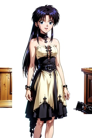 solo, long hair, high quality face, blue eyes,(((black_gothic_dress))), ropes, leather, hole, chains_bracelet, barbs, belts; standing, indoors, happy look, anime_screencap, white background, kaoru_96s