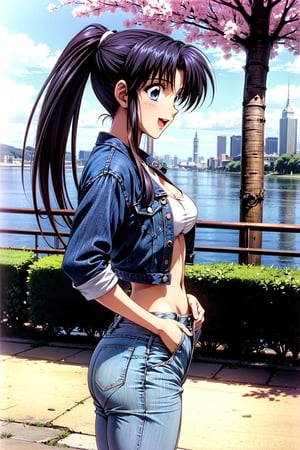 Kamiya Kaoru 1996,1girl,solo; slender girl, thick fitness legs, black long hair tied in ponytail, two Long_thin locks of hair frame her face over ears, blue eyes, medium breast, shyly smiling, open mouth; jean jacket, (men cargo_pants, with pockets; hands on hip, look to the side in dynamic pose, dynamic pose, legs focus,city ​​background, high_resolution,high quality,HD,4k,kaoru_96s