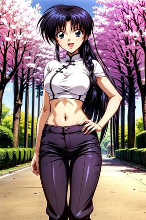 Kamiya Kaoru 1996,1girl,solo; slender girl, thick fitness legs,long black hair tied in braid, Long_thin locks of hair frame her face,blue eyes, medium breast, shyly smiling, open mouth; chinese croptop, black ninja_trousers; hands on hip, look to the side in dynamic pose, dynamic pose, legs focus,city ​​background, high_resolution,high quality,HD,4k,kaoru_96s