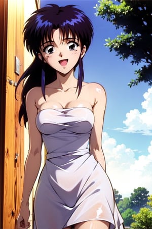 random acction, beautiful girl wearing majestic tulle dress,18 year old woman, long curly hair, slim body, happy look, thin shoulders, long torso, long legs, wide open mouth, shyly smile, Moist eyes, gentle eyes, anime_screencap 