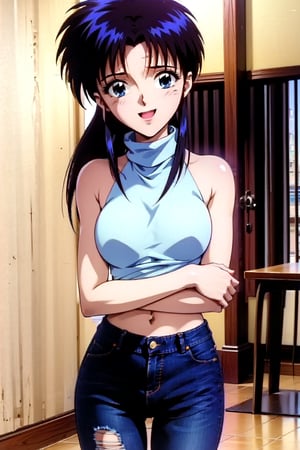  beautiful girl wearing turtleneckshirt, pink,  (torn_jeanpants), dojikko pose, , 18 year old woman, ribbonhair blue eyes, long curly hair, slim body, happy look, thin shoulders, (long torso), long legs, wide open mouth, shyly smile, Moist eyes, gentle eyes, anime_screencap 