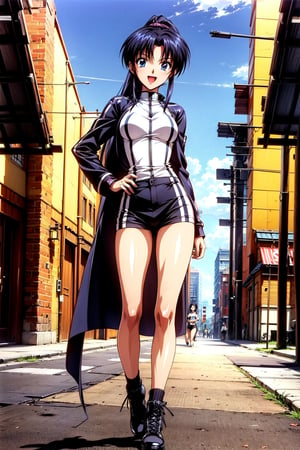 In a futuristic cityscape, Kamiya Kaoru stands out in her striking cyberpunk attire. The slender girl sports thick fitness legs and black long hair tied in a ponytail, with two thin locks framing her face over her ears. Her blue eyes sparkle as she shyly smiles, her open mouth inviting curiosity. Clad in a black cyberpunk coat, cyberpunk cargo pants, and boots, Kaoru's hands rest on her hip as she gazes to the side, exuding dynamic energy. The night cityscape behind her serves as a vibrant backdrop for this stunning 4K, high-resolution image.