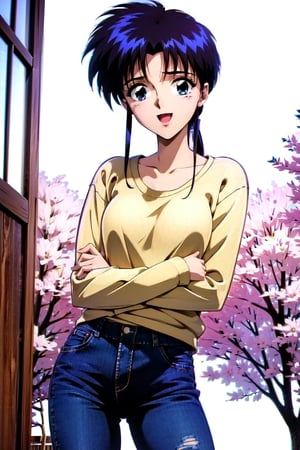  beautiful girl, wearing sweater (floral print), (torn_jeanpants), dojikko pose, 18 year old woman, ribbon_hair, blue eyes, very_long_hair, slim body, happy look, thin shoulders, (long_torso), long legs, wide open mouth, shyly smile, Moist eyes, gentle eyes, anime_screencap 