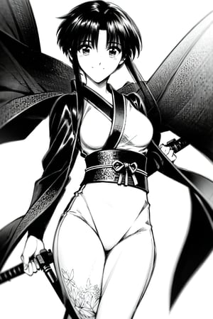 masterpiece, best quality, (solo:1.3),1girl, ninja uniform, kunoichi, tomboy, long neck, oval face, black_hair, sword_hair_clips, short_hair_with_long_locks, beautiful eyes:1.2, looking_at_viewer, medium_breast, seductive smile, slender body, legs focus, monochromatic