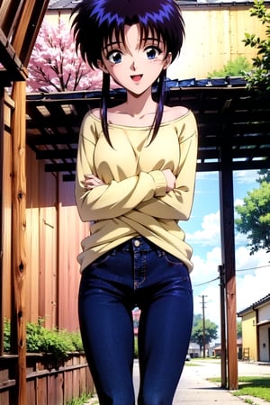  beautiful girl, wearing sweater, (torn_jeanpants), dojikko pose, , 18 year old woman, ribbon_hair, blue eyes, long curly hair, slim body, happy look, thin shoulders, (long_torso), long legs, wide open mouth, shyly smile, Moist eyes, gentle eyes, anime_screencap 