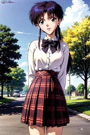 solo, happy, skirt, shirt, dress, (((bow))), ribbon, white shirt, signature, bowtie, plaid, no humans, black bow, arms behind back, black bowtie, plaid dress