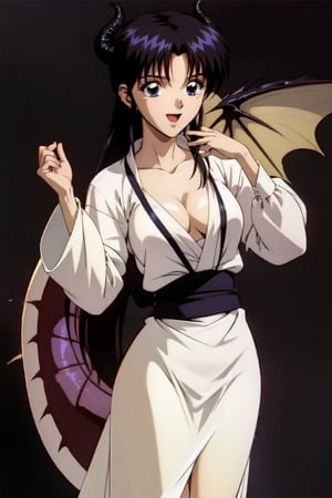 1girl, solo, blue eyes, long black hair, slender body, look happy, simple background, ((black background)), medieval dress, dragon tail, ((dragon horns)), neckline, long sleeves, anime lanscape, incline pose