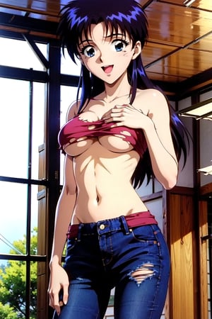  beautiful girl wearing underboobtop, pink,  (torn_jeanpants), dojikko pose, , 18 year old woman, ribbonhair blue eyes, long curly hair, slim body, happy look, thin shoulders, (long_torso), long legs, wide open mouth, shyly smile, Moist eyes, gentle eyes, anime_screencap 