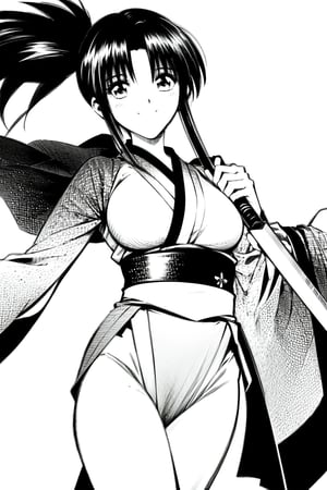 masterpiece, best quality, (solo:1.3),1girl, ninja uniform, kunoichi, tomboy, long neck, oval face, black_hair, sword_hair_clips, short_hair_with_long_locks, beautiful eyes:1.2, looking_at_viewer, medium_breast, seductive smile, slender body, legs focus, monochromatic