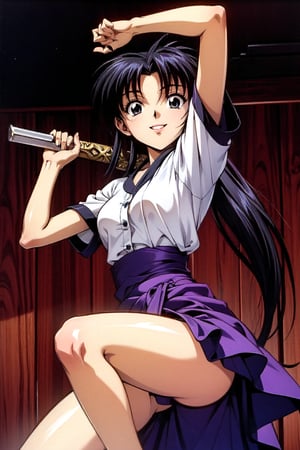 Kamiya Kaoru 1996,kaoru_96s, masterpiece, best quality, (solo:1.3),1girl, male-shirt-black, igabakama. tomboy, long neck, oval face:1.8, black_hair, long ponytail_hair; clip-sword-hair, beautiful-legs:1.8, beautiful-eyes:1.8, looking_at_viewer, medium_breast:1.4, seductive smile, slender body, legs focus,battou-fighting-pose:1.8,