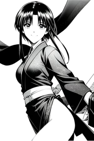 masterpiece, best quality, (solo:1.3),1girl, ninja uniform, kunoichi, tomboy, long neck, oval face, black_hair, sword_hair_clips, short_hair_with_long_locks, beautiful eyes:1.2, looking_at_viewer, medium_breast, seductive smile, slender body, legs focus, monochromatic