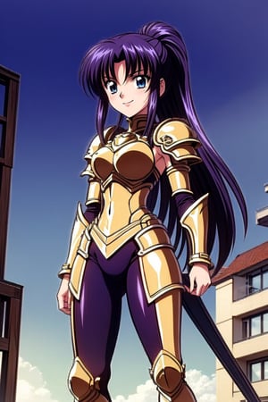 Kaimya kaoru 1996, 1girl, solo, slender girl, beautiful 20 year old anime girl with: athletic body, long legs, (proportioned female body,(The head should be about 1/8 of the total body height)), medium bust, blue eyes, black long hair tied in ponytail; wearing a knight armor, armor pants; smiling shyly, blade in the hand; stop in half the city. in knight pose; in high quality, ,Armor