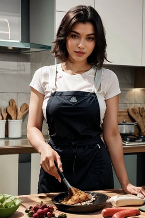 An Indian model cooking in a modern, stylish kitchen, wearing a fashionable apron over a casual outfit. She is preparing a dish with fresh ingredients around her. The background features a sleek kitchen setup with modern appliances and decor. High resolution, highly detailed, photorealistic.


