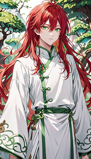 A boy with long red hair, green eyes, wearing a white chinese traditional clothes, whatch around him, Alice in Wonderland ,NIJI BOYS STYLE