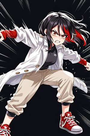 action lines, face of disappointment, slightly angry, black background, Japanese-Irish girl, black hair with red highlights, brown eyes, freckles, light skin, white jacket with red sleeves, khaki pants, red converse tennis shoes.

texture, quality, and color of your photos and illustrations while minimizing the effect on the composition.