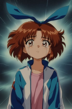 Improve the detail, texture, quality, and color of your photos and illustrations while minimizing the effect on the composition.
Young girl, reddish brown hair, brown eyes, pink undershirt, white jacket with turquoise sleeves, blue hair bow, sunburned skin, void between dimensions, darkness, freckles on the face, VINTAGE ANIME, RETRO ARTSTYLE, ANIME SCREENCAP, crying and fear.