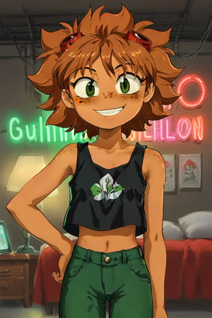 Solar Flare, Edward, freckles, Black tank top, green jeans,

Fuse Edward with Solar Flare.

1 girl, young girl, Smile, mouth closed, game room, reddish brown hair, dark green eyes, neon lights, latina, Sunburned skin, brown skin

texture, quality, and color of your photos and illustrations while minimizing the effect on the composition.