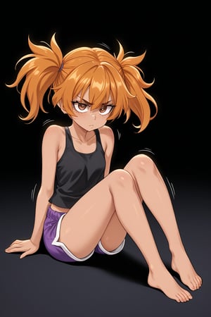 action lines, annoying, face of disappointment, black background, short purple shorts, short black top,

1 girl, teenage girl, sunburned skin, brown skin, brown eyes, freckles, Latina, badly tanned, natural brown hair bleached to yellowish green, legs crossed, full body, sitting,

Create a detailed character with greenish blonde hair styled into two high, voluminous pigtails, each one flaring outward with a lot of fluff and shape. The pigtails should be wide, exaggerated, and playful, resembling the style seen in animated characters, short pigtails,

texture, quality, and color of your photos and illustrations while minimizing the effect on the composition.