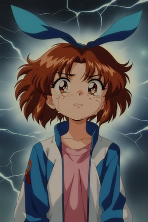 Improve the detail, texture, quality, and color of your photos and illustrations while minimizing the effect on the composition.
Young girl, reddish brown hair, brown eyes, pink undershirt, white jacket with turquoise sleeves, blue hair bow, sunburned skin, void between dimensions, darkness, freckles on the face, Vintage Anime, Retro Artstyle, Anime Screencap, crying and fear,