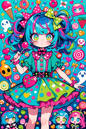 children's doodle style,
Colorful pop art, candy pop, lollipop punk, brightly colored berry beans, emo pink lolita girl,big Eyes,A dress made of jelly and ice cream,
 maximalism designemo,dal-6 style,Color Splash
Ghost Girl, Green Dress, Blue Hair, Simile