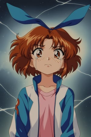 Improve the detail, texture, quality, and color of your photos and illustrations while minimizing the effect on the composition.
Young girl, reddish brown hair, brown eyes, pink undershirt, white jacket with turquoise sleeves, blue hair bow, sunburned skin, void between dimensions, darkness, freckles on the face, Vintage Anime, Retro Artstyle, Anime Screencap, crying and fear,