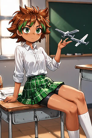 action lines, face of disappointment, very boring, Classroom, school table, Short hair, School uniform, white polo shirt, short green plaid skirt, Black bike shorts under the skirt.

Helia, 1 girl, young girl, reddish brown hair with green highlights, dark green eyes, freckles, latina, Sunburned skin, brown skin, crossed legs, legs resting on the table, throwing a paper plane,

texture, quality, and color of your photos and illustrations while minimizing the effect on the composition.