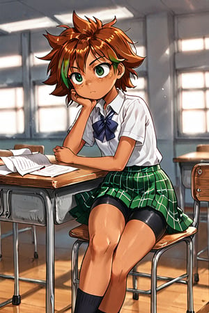 action lines, face of disappointment, very boring, Classroom, school table, Short hair, School uniform, white polo shirt, short green plaid skirt, Black bike shorts under the skirt.

Helia, 1 girl, young girl, reddish brown hair with green highlights, dark green eyes, latina, Sunburned skin, brown skin, crossed legs, legs resting on the table, throwing a paper plane,

texture, quality, and color of your photos and illustrations while minimizing the effect on the composition.