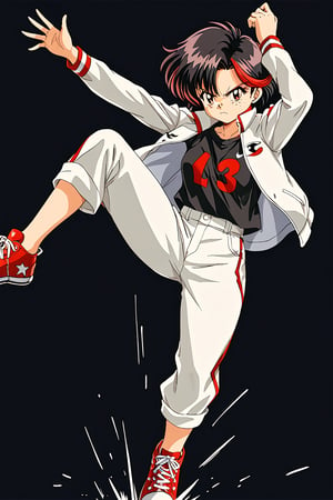 action lines, face of disappointment, slightly angry, black background, Japanese-Irish girl, Short hair, black hair with red highlights, brown eyes, freckles, light skin, white jacket with red sleeves, khaki pants, red converse tennis shoes, black undershirt,

texture, quality, and color of your photos and illustrations while minimizing the effect on the composition.
Retro anime, Vintage, retro_style,