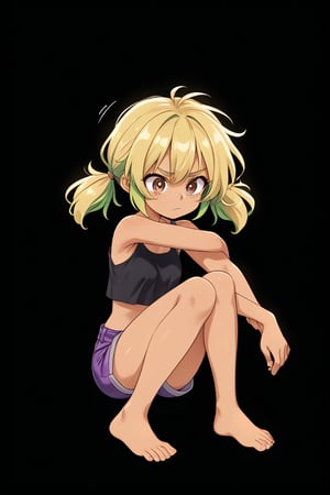 action lines, annoying, face of disappointment, black background, short purple shorts, short black top,

1 girl, teenage girl, sunburned skin, brown skin, brown eyes, freckles, Latina, badly tanned, legs crossed, full body, sitting,

Create a detailed character with greenish blonde hair styled into two high, voluminous pigtails, each one flaring outward with a lot of fluff and shape. The pigtails should be wide, exaggerated, and playful, resembling the style seen in animated characters, short pigtails,

texture, quality, and color of your photos and illustrations while minimizing the effect on the composition.