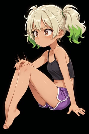 action lines, annoying, face of disappointment, black background, short purple shorts, short black top,

1 girl, teenage girl, sunburned skin, brown skin, brown eyes, freckles, Latina, badly tanned, legs crossed, full body, sitting,

Create a detailed character with greenish blonde hair styled into two high, voluminous pigtails, each one flaring outward with a lot of fluff and shape. The pigtails should be wide, exaggerated, and playful, resembling the style seen in animated characters, short pigtails,

texture, quality, and color of your photos and illustrations while minimizing the effect on the composition.