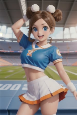 A cheerful anime-style cheerleader at a sports stadium, with brown hair in double buns, bright blue eyes, wearing a white and blue cheerleader outfit. The outfit includes a short skirt and a cropped top that reveals her midriff. She holds orange and white pom-poms, and is depicted with a dynamic, energetic pose, smiling and full of enthusiasm. The background shows a crowded stadium with blurred spectators and bright natural light.