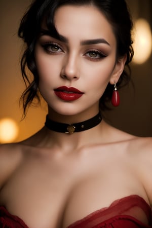 A sultry, close-up portrait of a stunning young woman with short, raven-black hair framing her striking features. Her piercing gaze locks onto the viewer's, as if sharing a secret. Her lips are sealed in a subtle pout, showcasing her bold red lipstick and flawless makeup application. The collarbone is elegantly accentuated by the camera angle, drawing attention to her toned physique and impressive bustline. A hint of crimson lipstick smudges on her chin, adding a touch of mystery and allure to this high-end portrait.