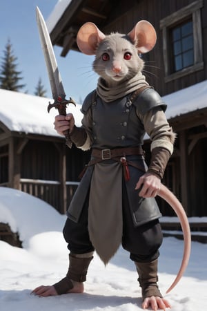 solo,looking at audience,red eyes,1boy,animal ears,standing,male focus,shabby house,day animal,furry,snow,1 other,colored sclera,mouse ears,vambrace,furry male,mouse tail ,rat,beard,year rat's
,dagger,