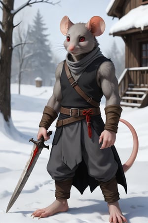 solo,looking at audience,red eyes,1boy,animal ears,standing,male focus,shabby house,day animal,furry,snow,1 other,colored sclera,mouse ears,vambrace,furry male,mouse tail ,rat,beard,year rat's
,dagger,