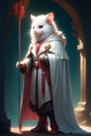Mouse, white skin, standing, red eyes, pink nose, red eyes, small ears, small paws, leather boots, belt, perfect light, male focus, white cotton coat, cave, tall man