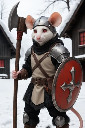solo,looking at audience,red eyes,1boy,animal ears,standing,male focus,shabby house,day animal,furry,snow,1 other,colored sclera,mouse ears,vambrace,furry male,mouse tail ,rat,beard,year rat's,shield,axe,helmet, horned helmet,