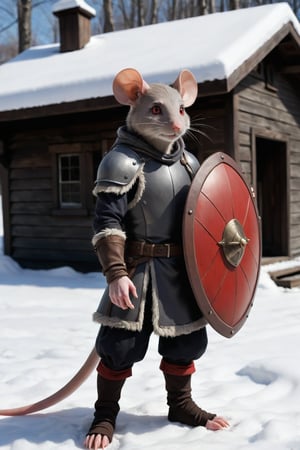 solo,looking at audience,red eyes,1boy,animal ears,standing,male focus,shabby house,day animal,furry,snow,1 other,colored sclera,mouse ears,vambrace,furry male,mouse tail ,rat,beard,year rat's
,shield