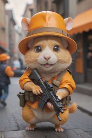 The hamster made of orange body parts has a sinister face, wears a hat, and holds a machine gun, aiming at the fleeing passers-by. The background is a bustling modern street
