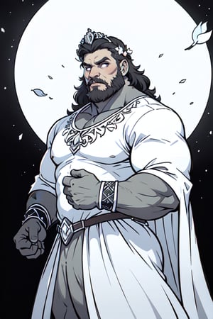 A dramatic, high-contrast greyscale image of a robust, bearded giant standing tall, dressed in a flowing white bridal gown adorned with a lush flower crown. His thick beard contrasts with the delicate petals, while his strong, muscular hands grasp a ornate cane. The overall mood is one of unapologetic masculinity, as he confidently occupies the messy, unfinished space.