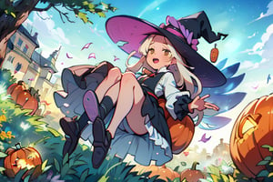 A spectral panorama of fear and fun 2 girls are playing in a large pumpkin field
girl 1: steak with a beautiful fairy costume with two sets of shirt and skirt with a pair of 
 Beautiful fairy jars and wings.
Girl 2: she looks like a naughty witch in a one-piece dress with long stockings and boots, showing off her beautiful big pointed hat.,halloween,Eft_elaina,h4l0w3n5l0w5tyl3DonML1gh7