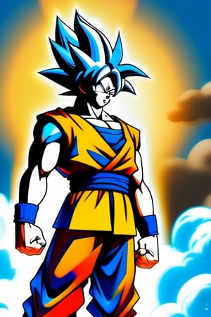 A dramatic shot of Goku standing tall, his iconic orange gi gleaming in the bright sunlight. He's posed with one hand on his hip, the other holding a powerful Ki blast at the ready. The background features a serene, cloud-filled sky with a subtle gradient of blues and whites, evoking a sense of calm before the storm. The composition is dynamic, drawing attention to Goku's confident stance amidst a seemingly peaceful atmosphere.,ink 