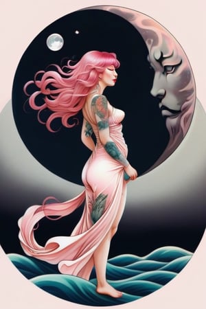 Botticelli inspired full body woman and full body tiger illustration flowing pink hair tattoo kanagawa body scarcely clothed sideview face looking at moon 
