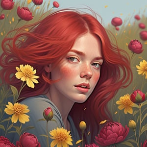 woman sitting in a field of wildflowers red peonies, yellow flowers. red hair flowing in the wind cute face. facing to the left portrait