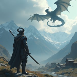 cinematic, skyrim themed, a warrior wearing leather armor and horned helmet, 2 swords in hand, looking up at the sky, a dark demonic dragon is flying in the air in circles, snow peaked mountains in background, small village, very detailed, masterpiece, adventurous, cloudy sky, hyena