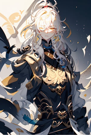 Jingyuan,ponytail, bangs, hair_over_shoulder, tied_hair, white_hair, hair_ornament, long_hair, ((hair_over_one_eye, male_focus)), white_hair, closed_mouth, yellow_eyes, hair_ribbon, male, manly, strong, sharp face,1boy, ,Illustration,dragonink