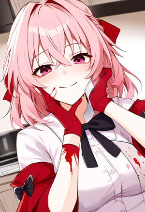 1girl, march 7th \(hunt\) \(honkai: star rail\), solo, red sleeves, upper body, black bow, holding, purple eyes, white gloves, white shirt, bow, pink hair,(Holding a kitchen knife in both hands, his eyes are very crazy,miosis,yandere eyes,smile),Hands stained with red paint,Some red ink on clothes, disgusted face, Kitchen knife held,nodf_xl,yandere trance,shy face,Panting, eyes looking at you