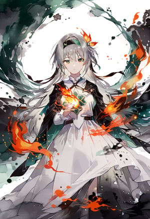 firefly \(honkai: star rail\),1girl,solo,jacket,white dress,long sleeves,gray hair,headband,smoke,,colorful background,ink, ink smoke,ink smoke background,Orange diffusion flame background,(There is an x-shaped flame spread on the chest),Flame color with some emerald green flames